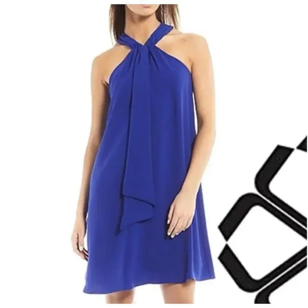 Trina Turk Women’s Dress Medium Verge Shift Bow tie Halter Dress Blue Lined - Picture 1 of 14